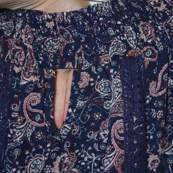 KNOX ROSE Rayon Cotton Lace Flare Peasant Style Boat-Neck Elastic Blouse XS - Picture 4 of 11